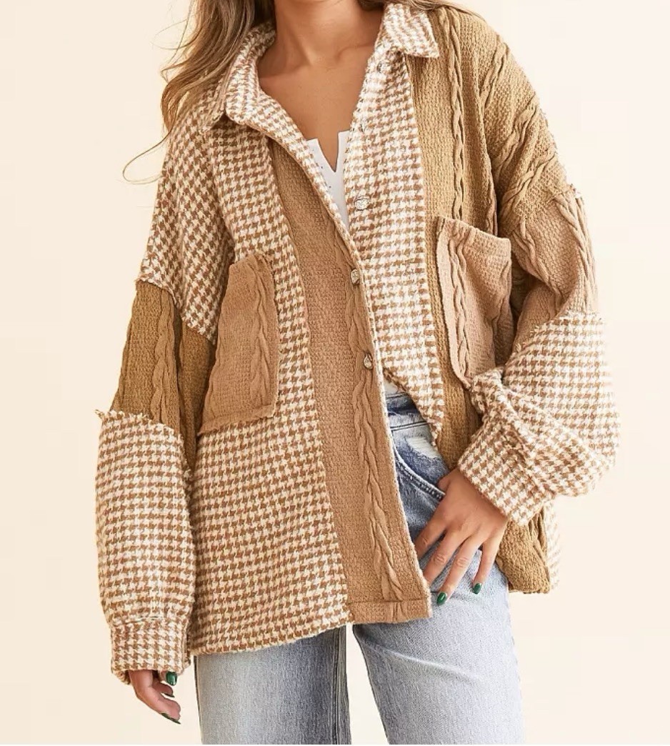POL Pieced Patchwork Houndstooth Shacket Mocha Mu… - image 8