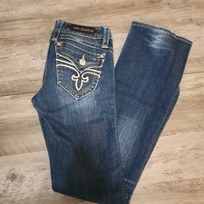Rock Revival Women's Fleur de Lis Fay Easy Boot, Distressed Blue Jeans, Size 28