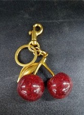 1 Cherry Bag Charm KeyChain Glitter resin and metal Brass Red Apple