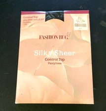 FASHION BUG SILKY SHEER CONTROL TOP PANTYHOSE SANDALFOOT 1 PAIR BLACK NIP