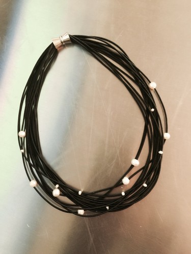 Sea Lily Necklace Piano Wire and Freshwater Pearls Black 18 Inch Multistrand - Picture 7 of 7