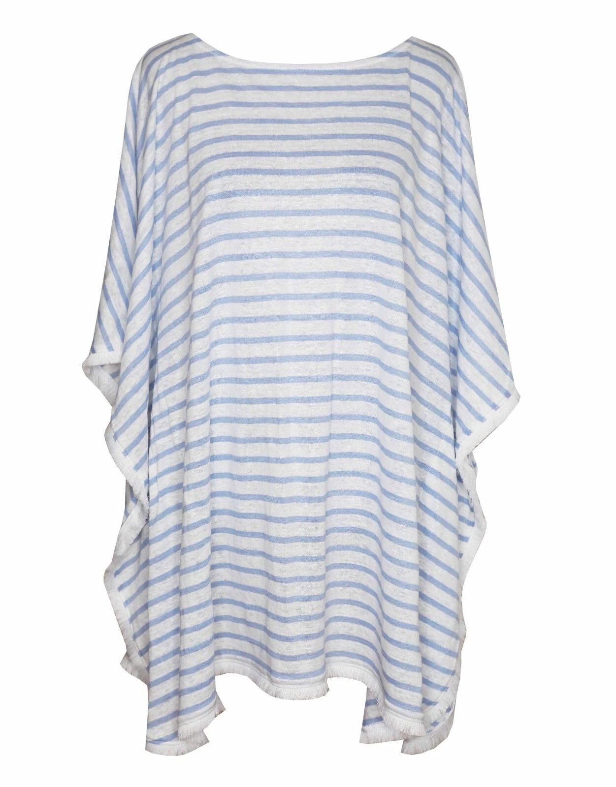 J JILL M / L Caftan Top Linen White Blue Striped Fringe Trim Tunic Poncho EUC