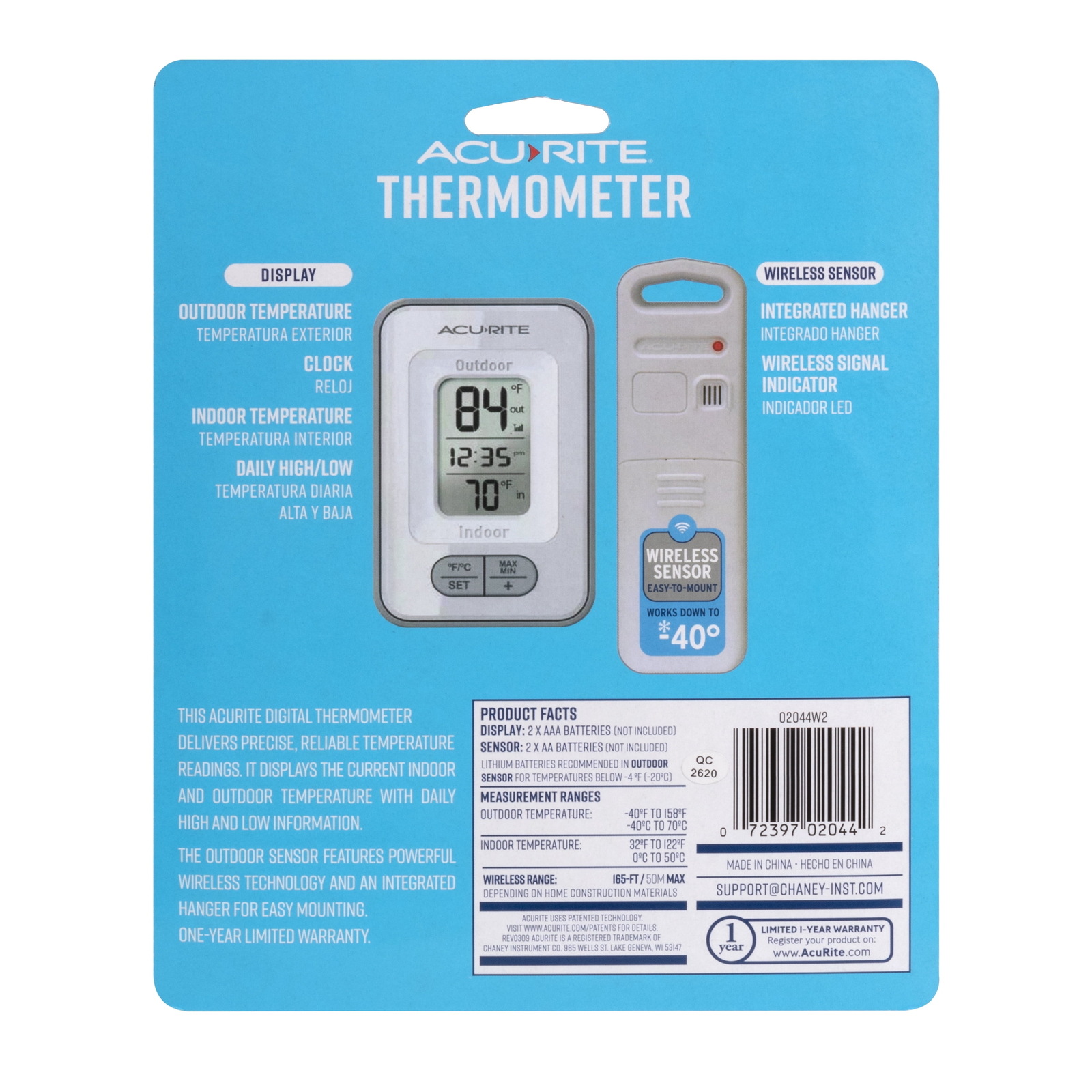 AcuRite Battery-Powered Indoor/Outdoor Digital Thermometer with Clock, White,