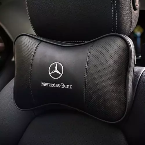 2PCS Car Seat Headrest Neck Cushion Pillows For Mercedes-Benz Black Real Leather - Picture 2 of 6