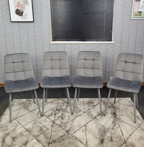Rocco Luxury Dining Chairs Set of 4 Grey Velvet Padded Seat Metal Legs