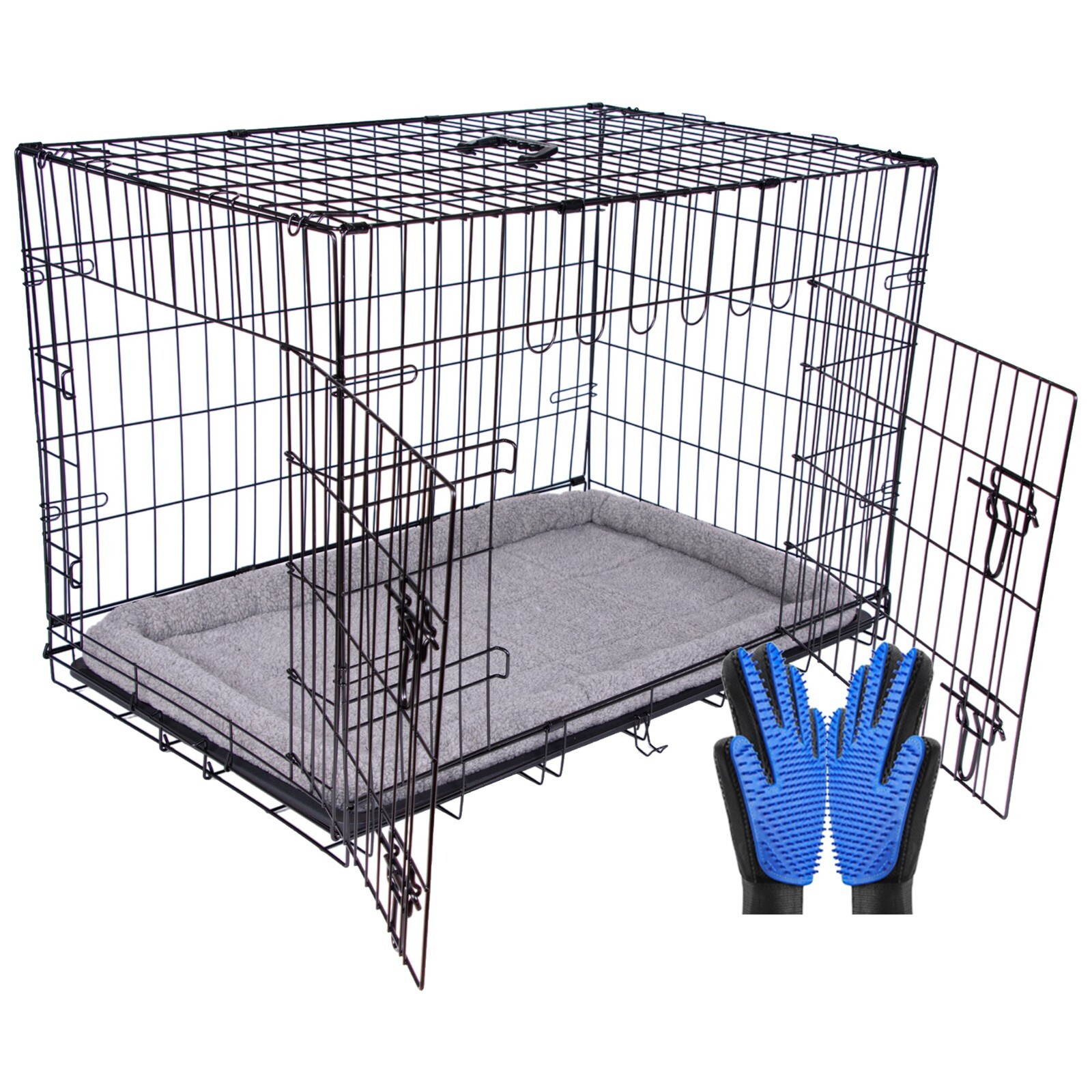 Pretty Pooch Dog Carrier Cage Foldable Training Crate & Grooming Mitts XL 42""