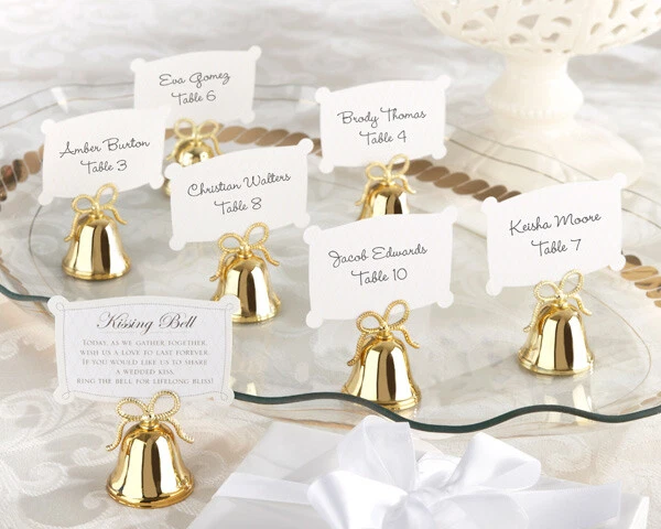24 Gold Heart Kissing Bell Wedding Place Card Photo Holder Table