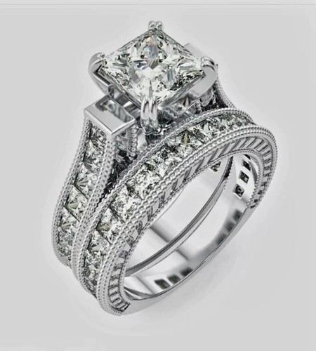 925 Silver Set Princess Cut Diamond Lab Created Wedding Band Bridal Ring 3.00Ct