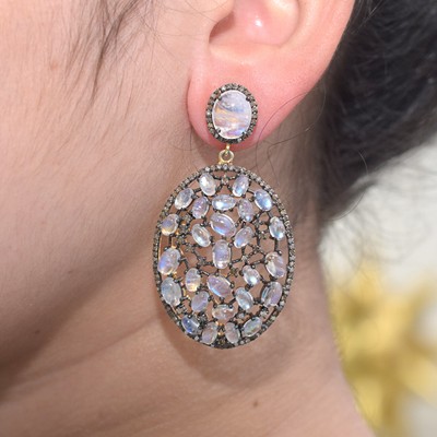 Moonstone Gemstone 925 Silver Diamond Pave 14K Gold Dangle Earrings Fine Jewelry