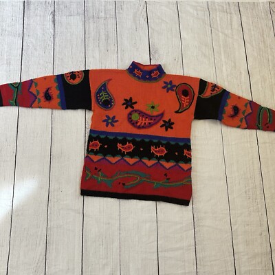 Vintage The Limited size small wool acrylic sweater paisly print orange red