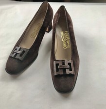 Vintage Salvatore Ferragamo Brown Suede Wooden Detail Block Heels 7.5B