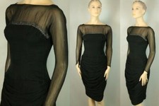 Vtg 50s Black Rhinestone Ruched Chiffon Rockabilly Cocktail Party Sheath Dress S