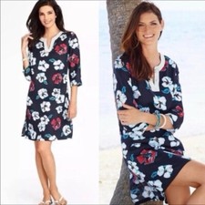 Talbots Dress Women Linen XXL  Beaded Bloomcore Navy Hibiscus Tropical Floral