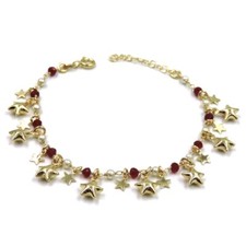Bracciale con Stelle Pendenti in Argento 925 Placcato Oro Zirconi Ovali Rossi e 