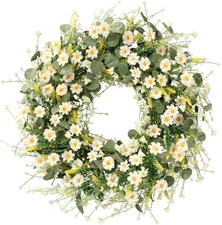 White Daisy Wreath 24 Inch with Fake Silk Floral Green Eucalyptus Leaves 