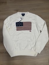 Men s Polo Ralph Lauren American Flag Pullover Cotton Sweater White/Ivory Sz M