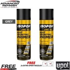 2x U-POL ISOPON ZINC 182 Anti Rust Spray Primer 450ml Grey With 2x Spray Nozzles