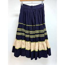 Vintage Ricki s Boho Tiered Patio Skirt Cotton Navy Cream Green Trim size small