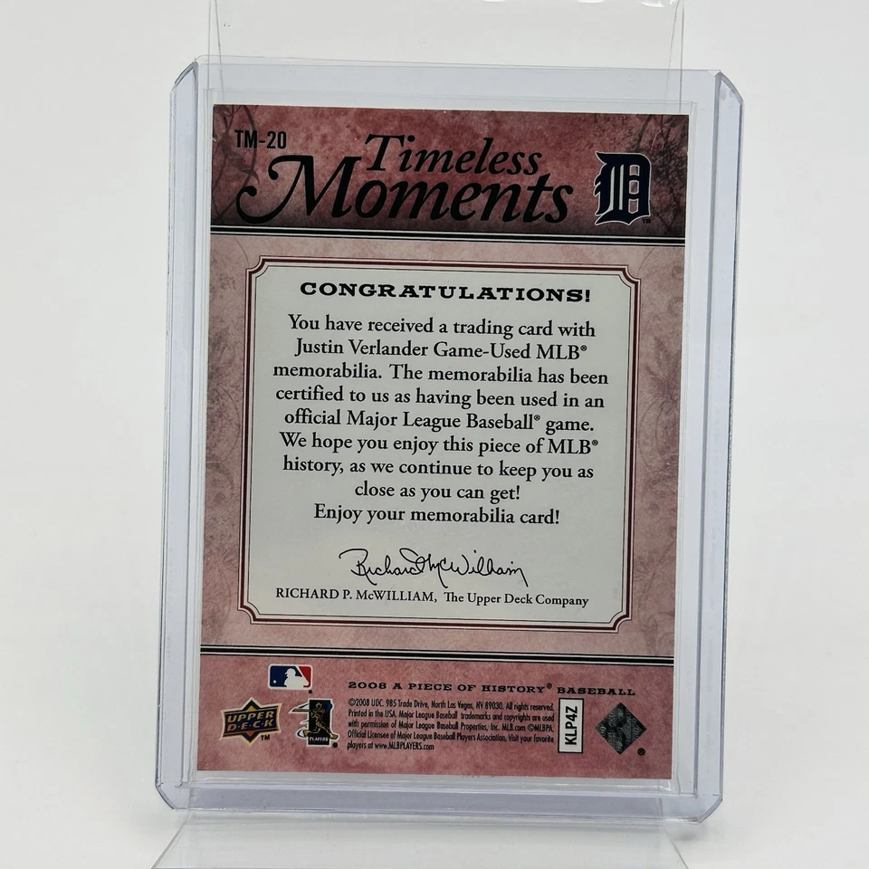 2008 Upper Deck A Piece of History - Timeless Moments Justin Verlander TM-20 Red - Image 3 of 3