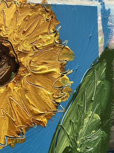 Ukrainian Sunflowers Oil Painting Blue Yellow Abstract Sunflower Art Gift 4x4in - Picture 8 of 9