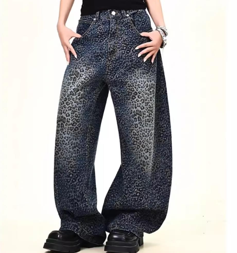 Men's Blue Black Leopard Printed Straight Leg Casual Pants Denim Jeans Hip Hop