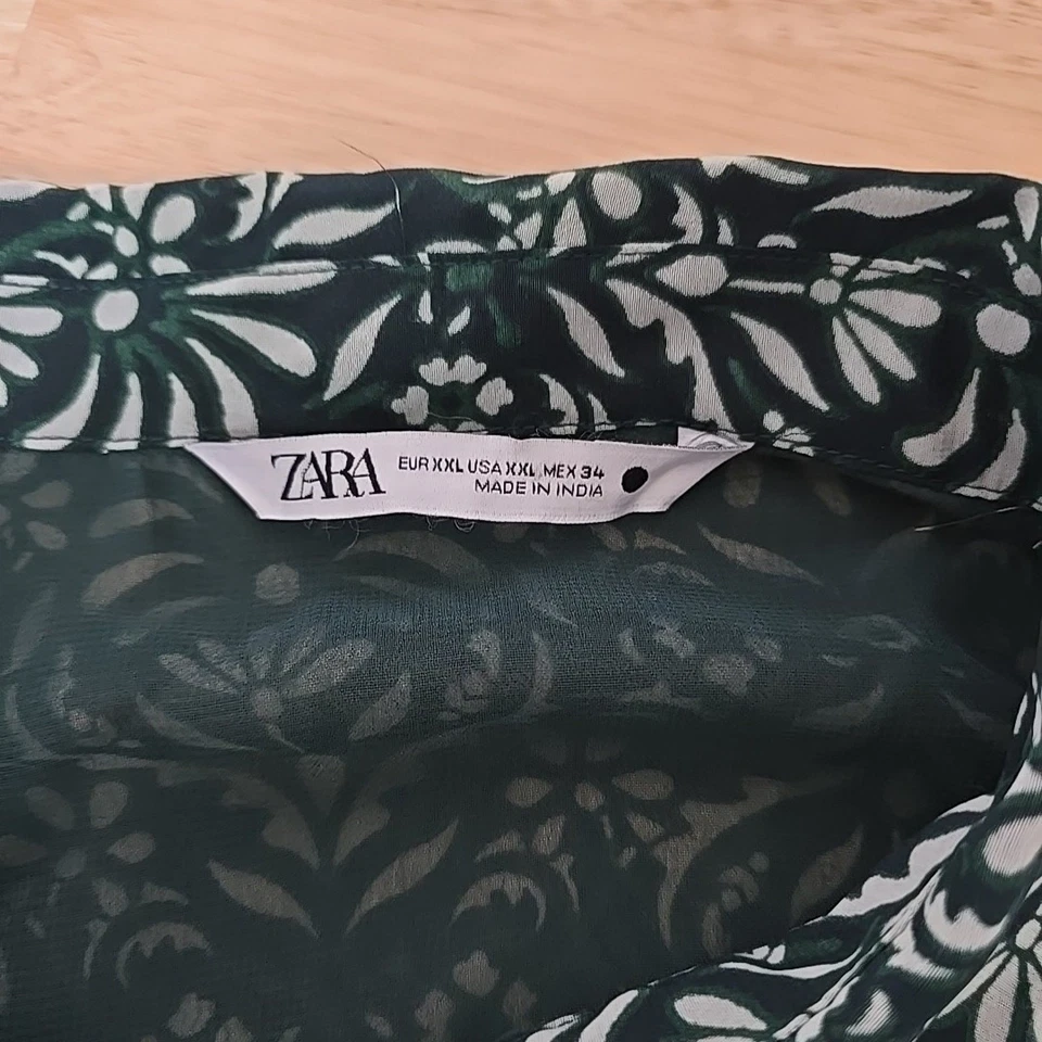 ZARA Green Floral Print Button Down Midi Chiffon Shirt Dress Lined Size XXL - Image 3 of 4