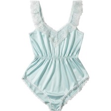 Vintage Light Blue Lace Trim Teddy Romper Lingerie Sleepwear Bow Detail