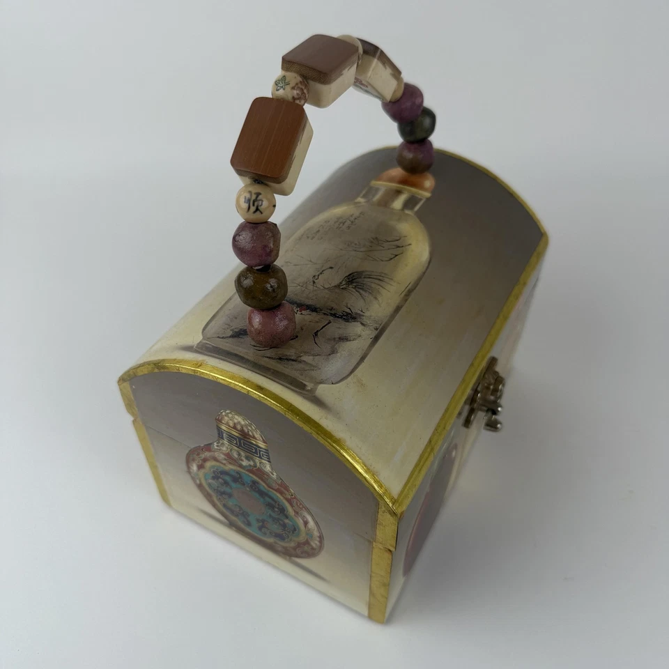 Beaded Handle Wooden Jewelry Trinket Box Asian Snuff Bottle Print Hinged Latch - Image 2 of 4