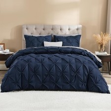 Navy Blue Pinch Pleat Duvet Cover 3 Pieces Pintuck Cover Queen 10 - Dark Blue