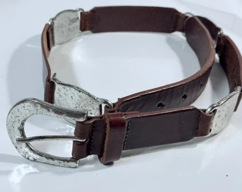 VINTAGE FOSSIL  Brown Leather Belt /Tooled Hammered SILVER Hardware  -  SMALL