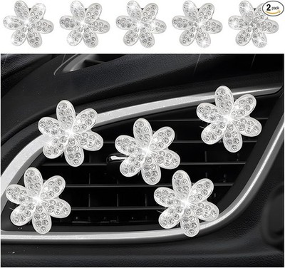 Bling Car Air Vent Clips, 4PCS/2Set Flower Rhinestone Vehicle Ai Color: Silver