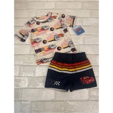  NEW 12M Disney Pixar Cars Lightning McQueen Rash Guard Swim Trunks Set UPF 50 