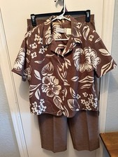 Alfred Dunner Petites Brown And Cream Floral Two Piece Pantsuit 12P