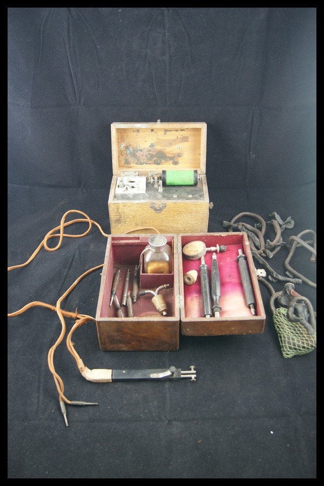 A c.1900 Parisian electromyograph in TWO wooden boxes with original tools — an incredibly rare early electrical medicine instrument straight out of a steampunk dream.
