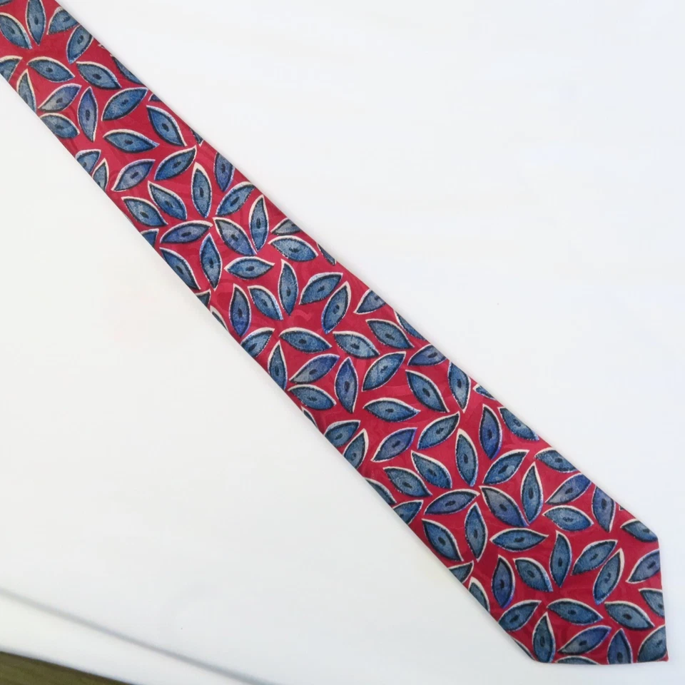 Corbata estilo seda italiana vintage rojo azul motivo hoja geométrica clase 54"x3,5" Foto 2 de 4