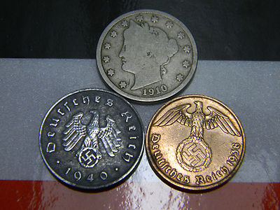 WWII 2 & 10 Reichspfennig Coins 1910's V Nickel US German Lot