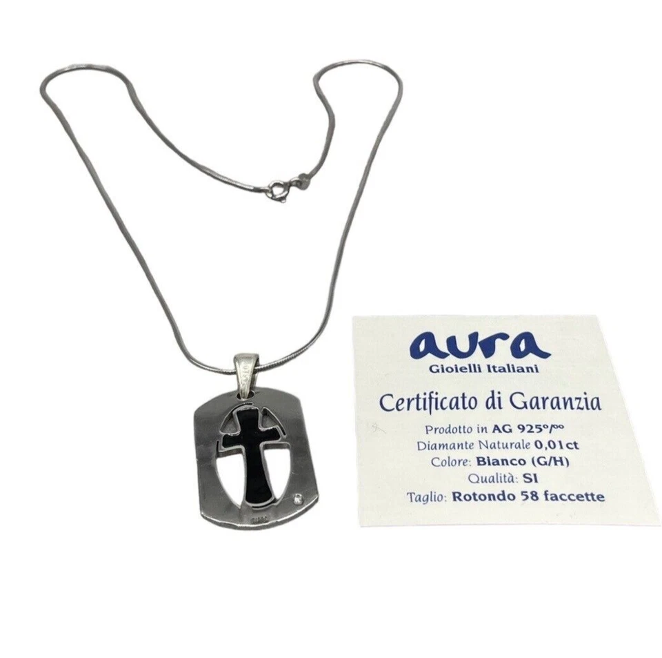 COLLANA CROCE NERA UOMO DONNA FIRMATA ARGENTO 925 DIAMANTE NATURALE 0,01 CARATI. - Immagine 2 di 4