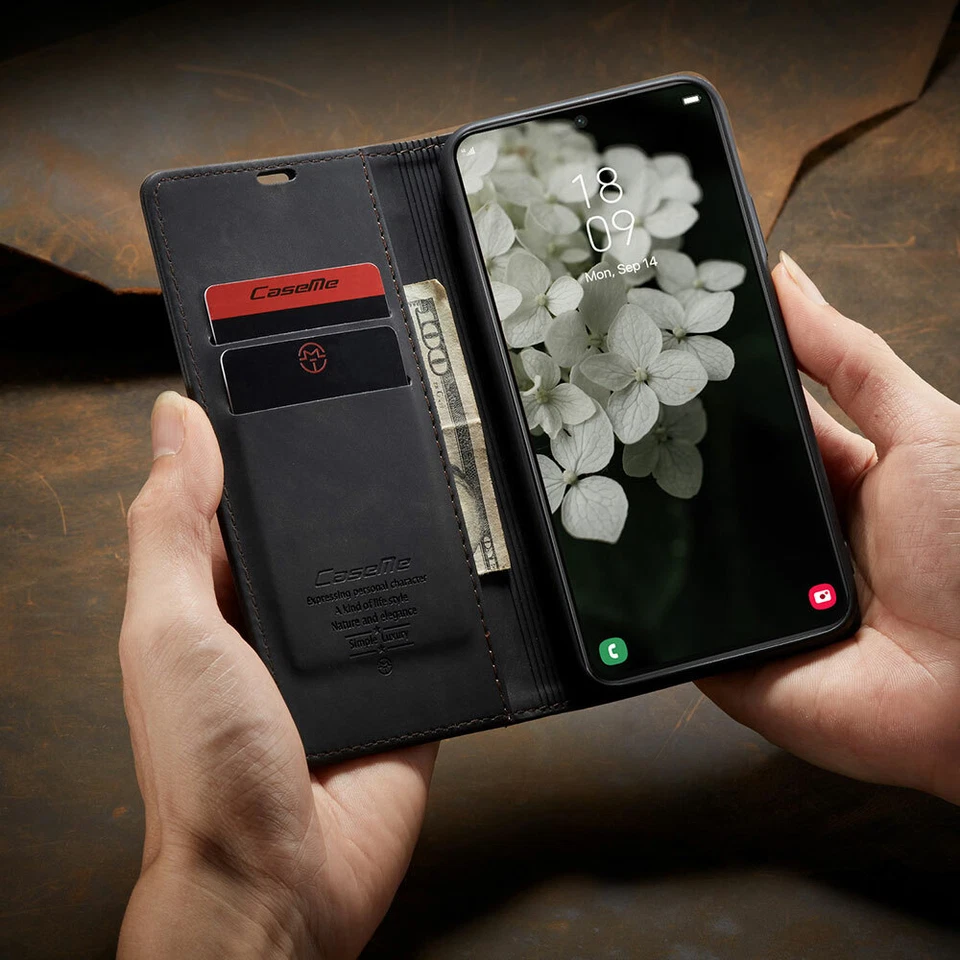 Funda tipo billetera abatible con soporte de cuero con cierre magnético para teléfono Samsung Galaxy  Foto 3 de 4