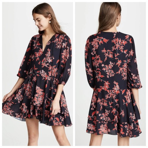 Alice + Olivia Moore Floral Mini Dress Black Blouson Sleeve Tiered Women’s XS