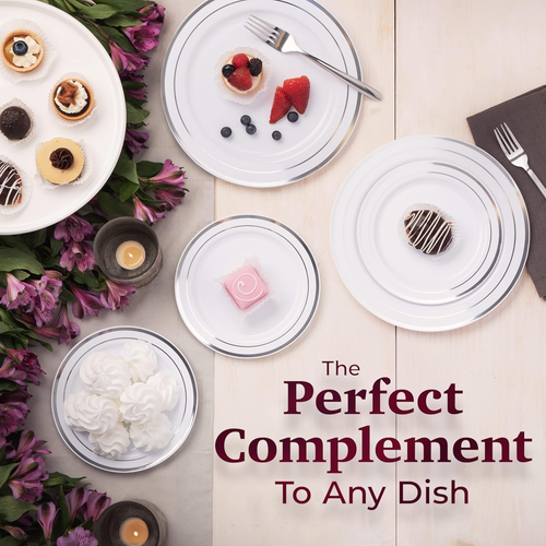 Aya'S 60 Silver Rimmed Plastic Plates for Party, Heavy Duty Disposable Plates Se - Picture 6 of 12