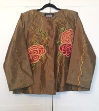 Nwt Indigo Moon Embroidered Brown Iridescent Gold Evening Jacket M Pink Flowers