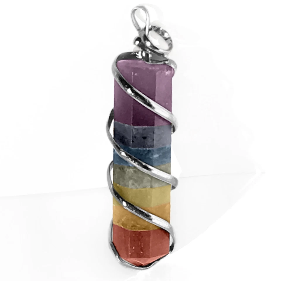 Collar Hecho a Mano Colgante Espiral Plata Envoltura Alambre Cristal Chakra Arco Iris CARGADO Foto 2 de 4