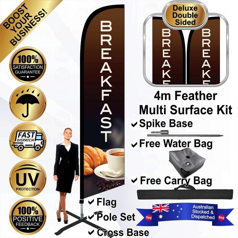 K - BREAKFAST Deluxe Double-Sided Brown 4m Feather Flag / Banner Kit with Pole Set, Galvanised Steel Ground Spike, Steel Outdoor Cross Base, Free 15kg Water Bag and a Free Carry Bag - 1