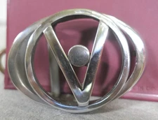 Vintage Chrome & Steel Hand Crafted V in a Circle w Dot Symbol Belt Buckle 3.5"