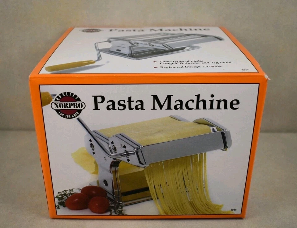 NOS PROFESIONAL NORPRO MÁQUINA DE RODILLOS DE PASTA DE ACERO INOXIDABLE MODELO 1049 NUEVO EN CAJA Foto 2 de 4