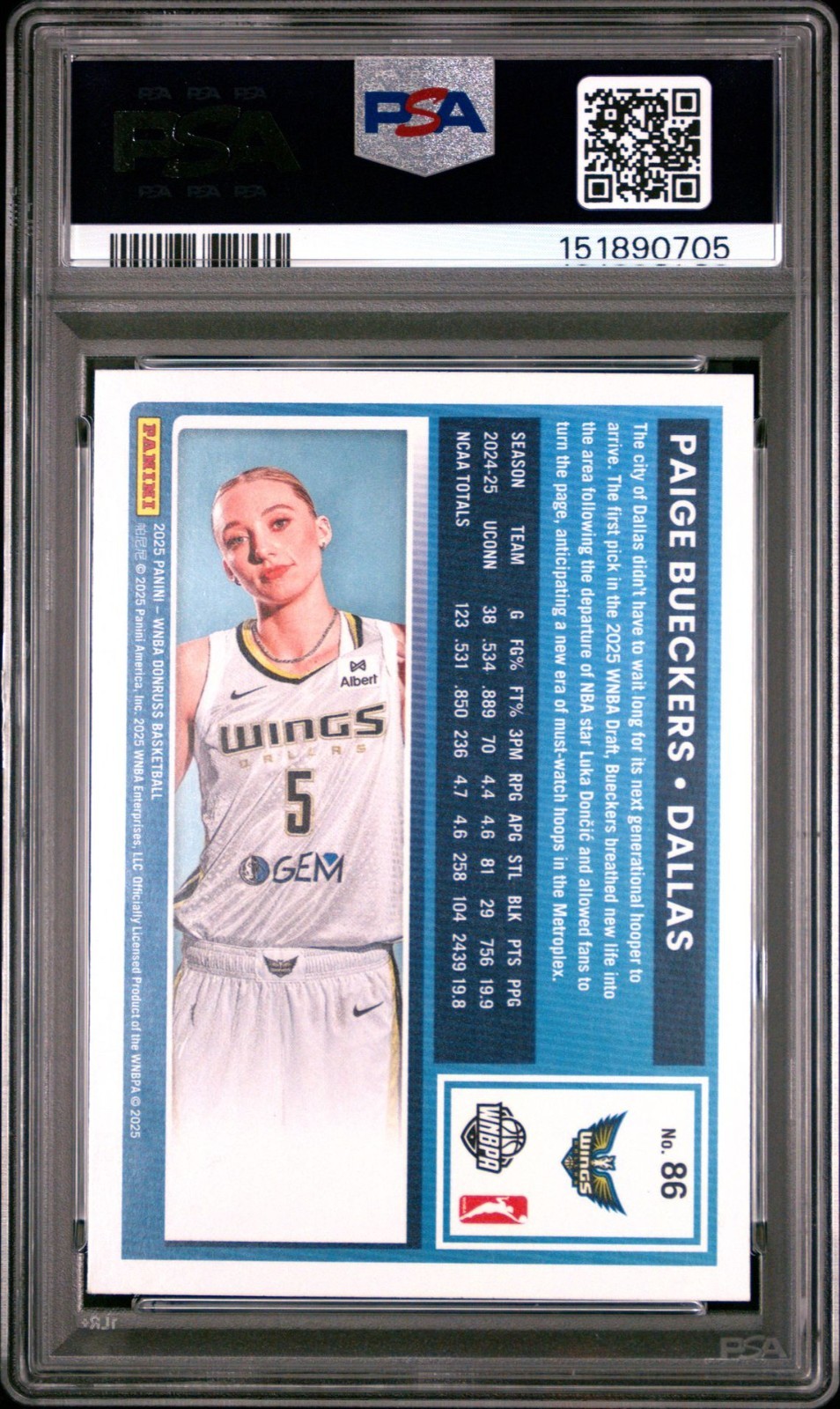 2025-26 Donruss WNBA Paige Bueckers #86 PSA 10 GEM MINT RC RATED ROOKIE view 2