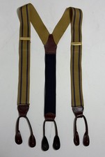 Vintage CAS West Germany Gray Yellow Striped Suspenders Brass Clips Leather Tabs