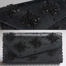 VTG Hong Kong Fortune Beaded Black Satin Cocktail Evening Clutch Purse Hand Bag