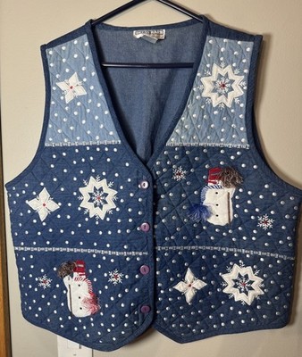 Holiday Vest Sz 3X Denim Winter Jean Quilt Snowman Flake Festival Embroidered