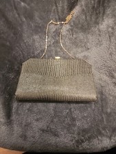 Vintage Evening Purse Gray Leather Lizard Croco Clutch Evening Bag Chain Handbag